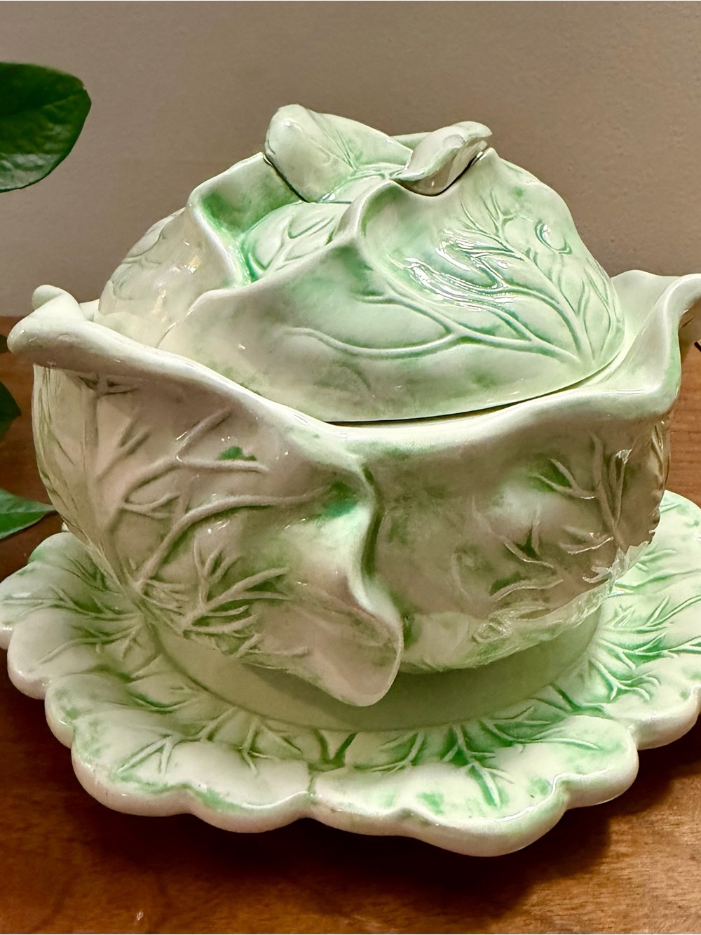 Vintage Green and White Cabbage Leaf Ceramic Tureen with Plate